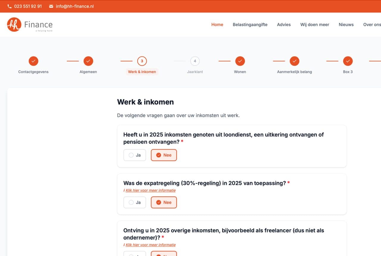 Screenshot van het aangifteportaal van HH Finance
