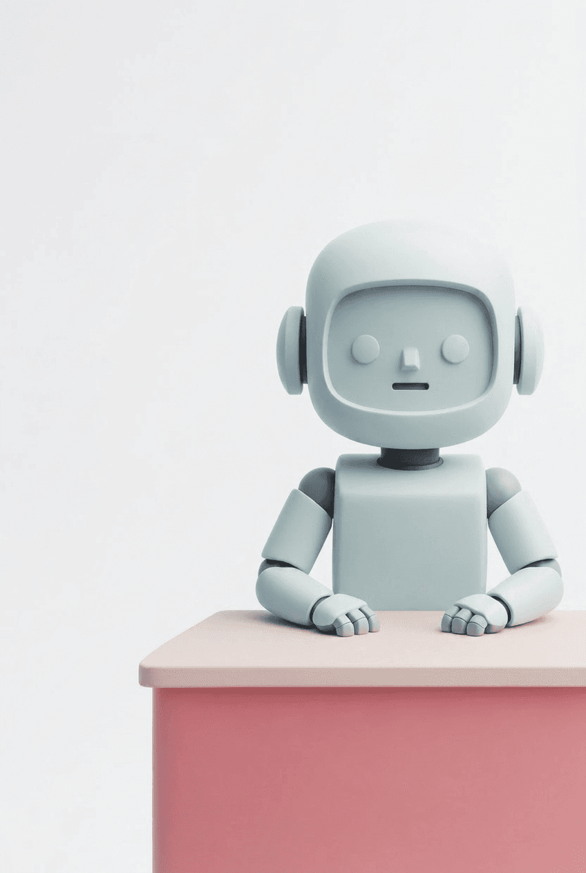 Vriendelijke agntc robot zit aan een roze bureau